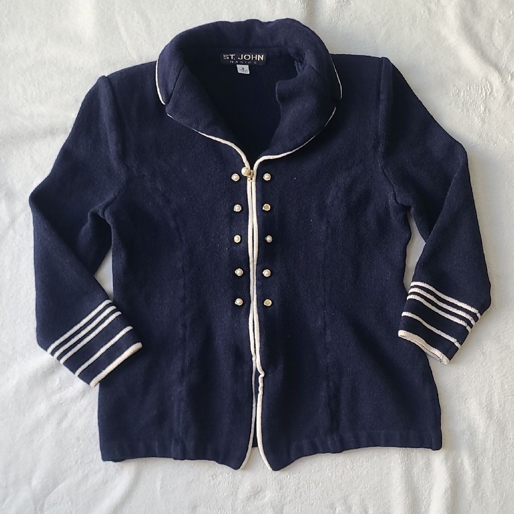 St. John Navy Knit Blazer Jacket Pearl White Trim Nautical Preppt Old Money 6
